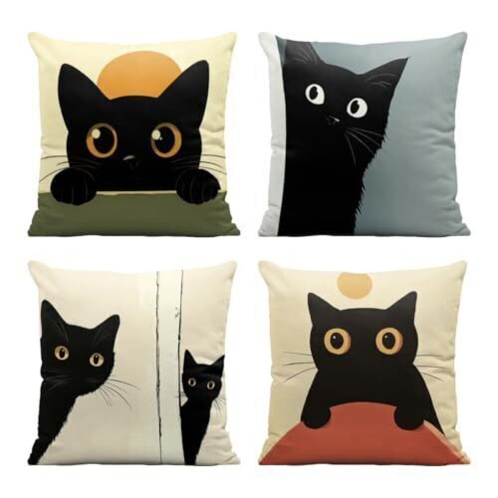 2730 Black Cat Pillow Covers 18x18 Inch Set of 4 Cute Cat Pet Animal Sun